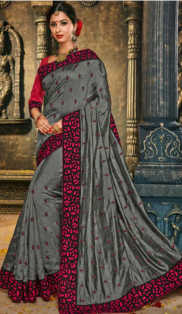 Grey Color Silk Embroidery Party Wear Plus Size Sari Blouse - 462757013