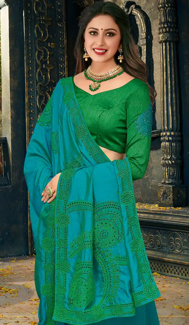 Green Color Silk Embroidery Party Wear Plus Size Sari Blouse - 462757014