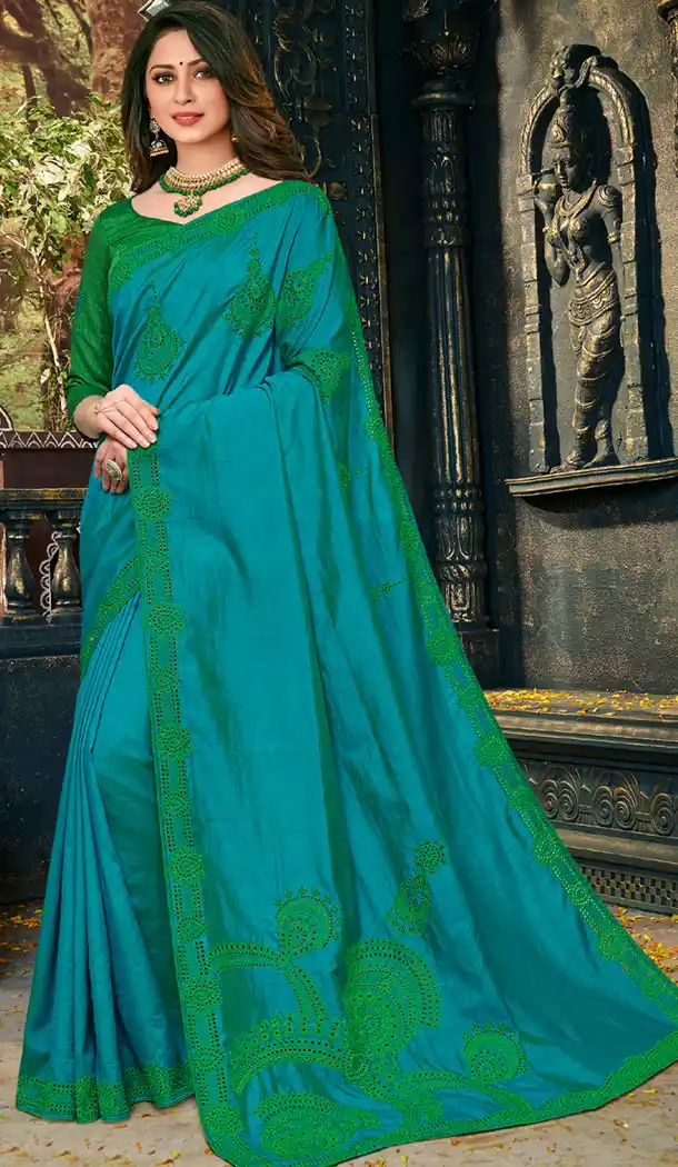 Green Color Silk Embroidery Party Wear Plus Size Sari Blouse - 462757014