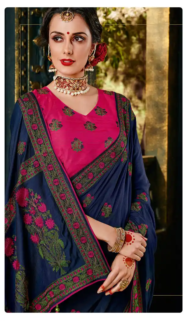 Blue Color Silk Embroidery Party Wear Plus Size Sari Blouse - 462757015