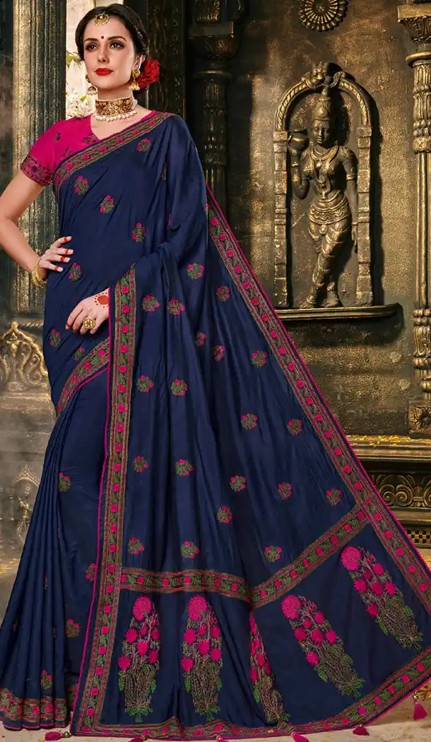 Blue Color Silk Embroidery Party Wear Plus Size Sari Blouse - 462757015