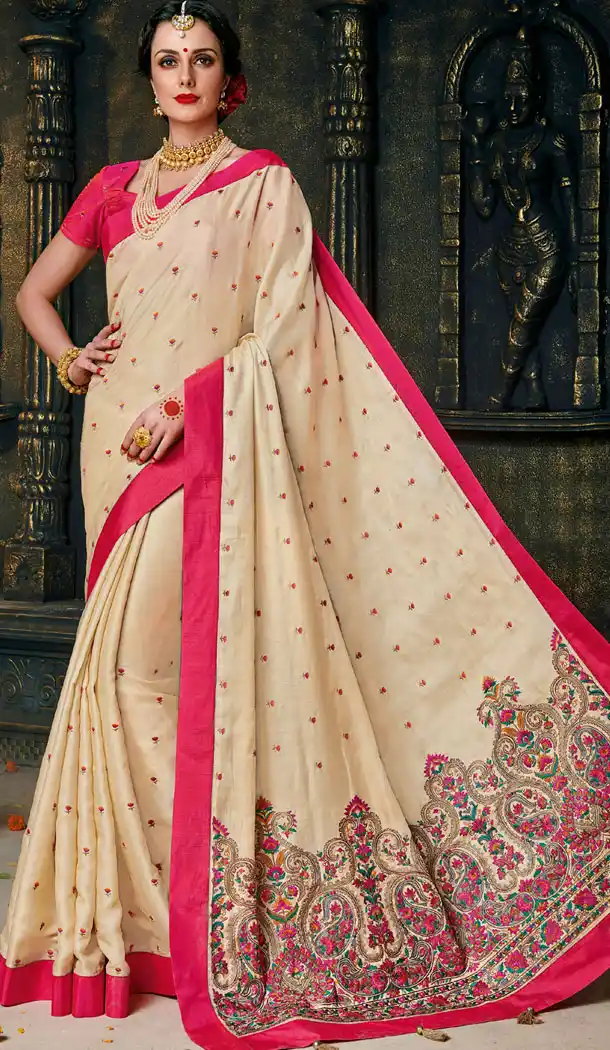 Beige Color Silk Embroidery Party Wear Plus Size Sari Blouse - 462757016