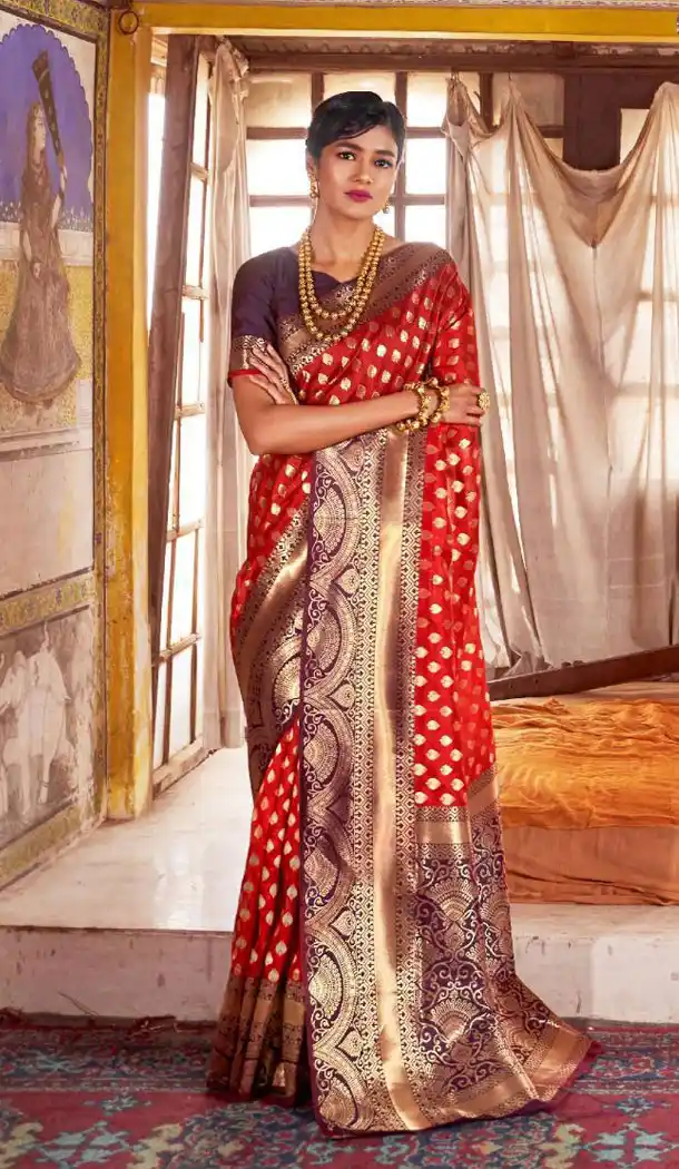 Red Color Jacquard Crystal Chaap Contrast Pallu Saree - 462857020