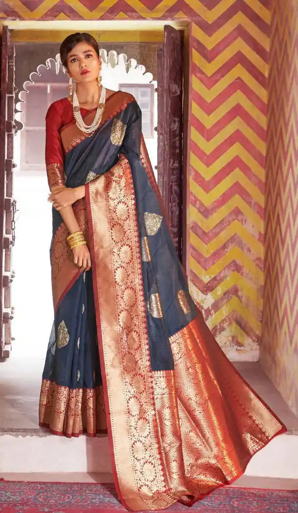 Dark Grey Color Jacquard Crystal Chaap Contrast Pallu Saree - 462857021