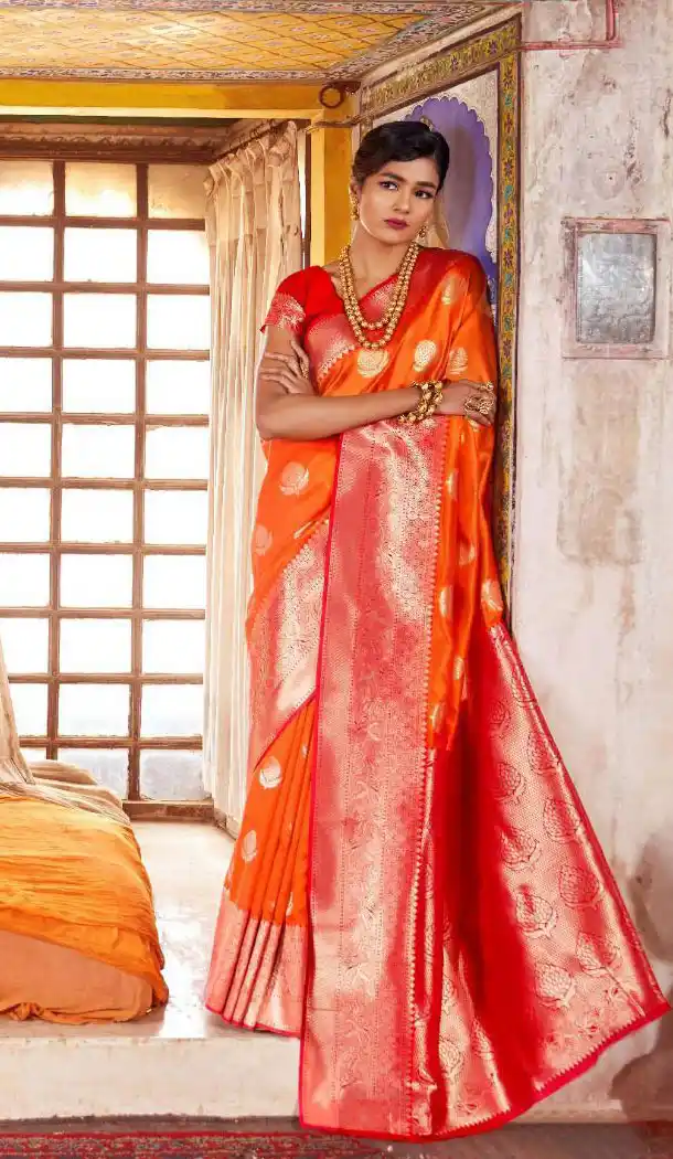 Orange Color Jacquard Crystal Chaap Contrast Pallu Saree - 462857023