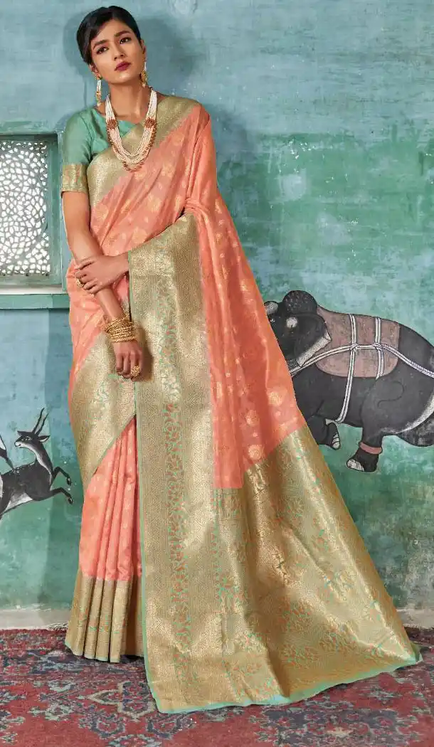 Peach Color Jacquard Crystal Chaap Contrast Pallu Saree - 462857024