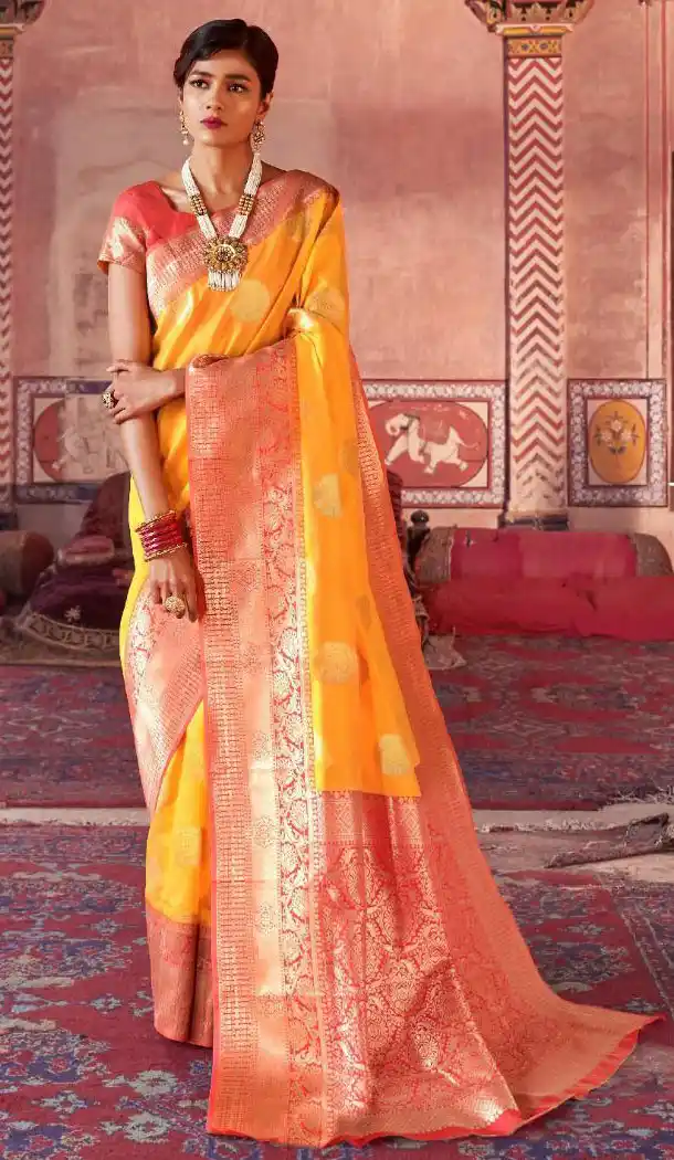 Yellow Color Jacquard Crystal Chaap Contrast Pallu Saree - 462857025