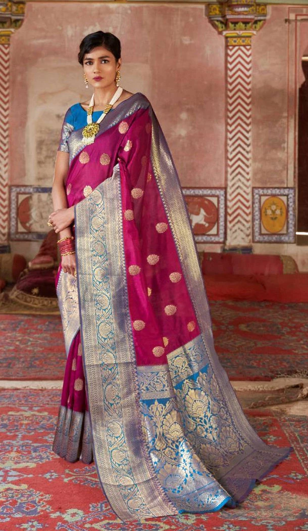 Dark Magenta Color Jacquard Crystal Chaap Contrast Pallu Saree - 462857027
