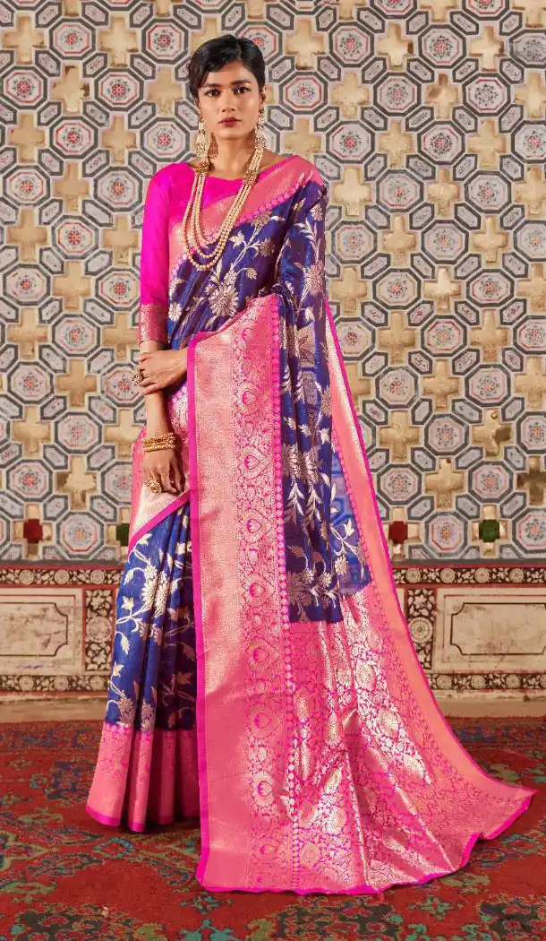 Royal Blue Color Jacquard Crystal Chaap Contrast Pallu Saree - 462857029