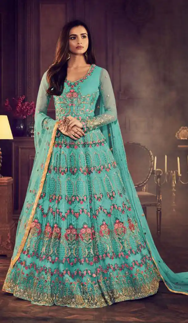 Sky Color Butterfly Net Pakistani Eid Wear Salwar Kameez - 464557233