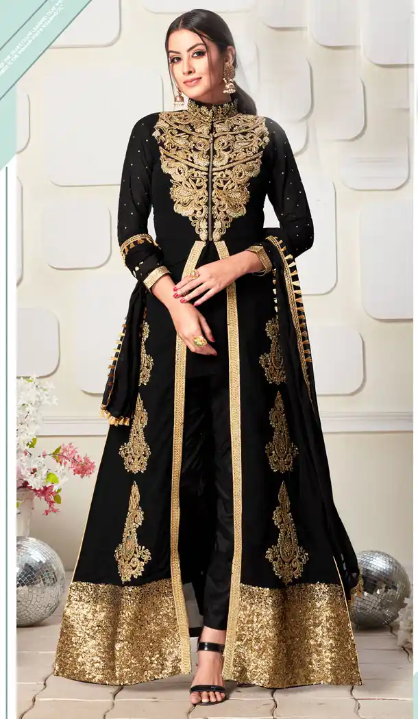 Black Color Faux Georgette Eid Wear Salwar Kameez With Koti - 464657237