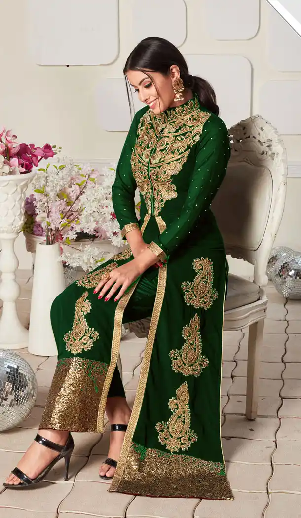 Green Color Faux Georgette Eid Wear Salwar Kameez With Koti