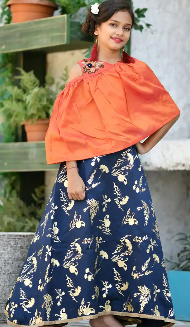 Orange And Blue Color Silk Party Wear Crop Top Readymade Kid Girl Gown - 466457459