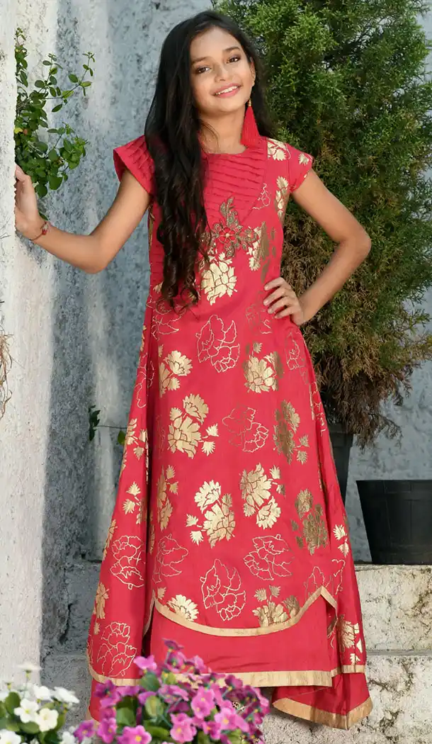Red Color Silk Party Wear Crop Top Readymade Kid Girl Gown - 466457460