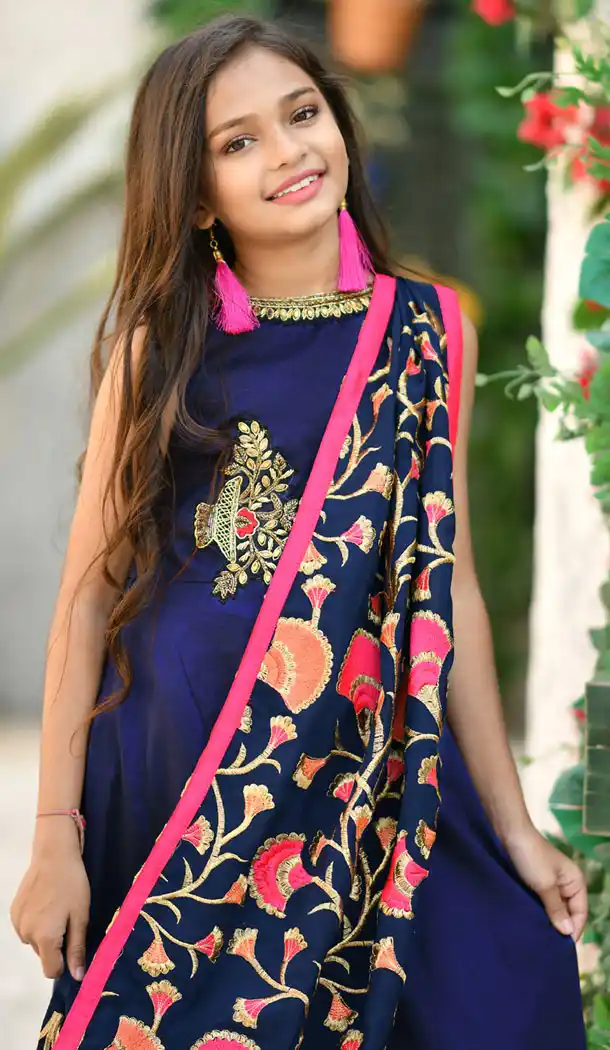 Navy Blue Color Silk Party Wear Crop Top Readymade Kid Girl Gown - 466457461