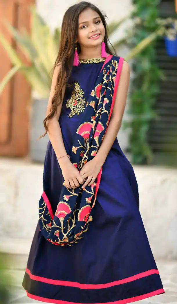 Navy Blue Color Silk Party Wear Crop Top Readymade Kid Girl Gown - 466457461