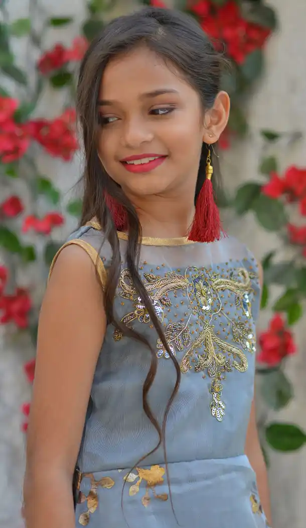 Grey Color Organza Party Wear Crop Top Readymade Kid Girl Gown - 466457462