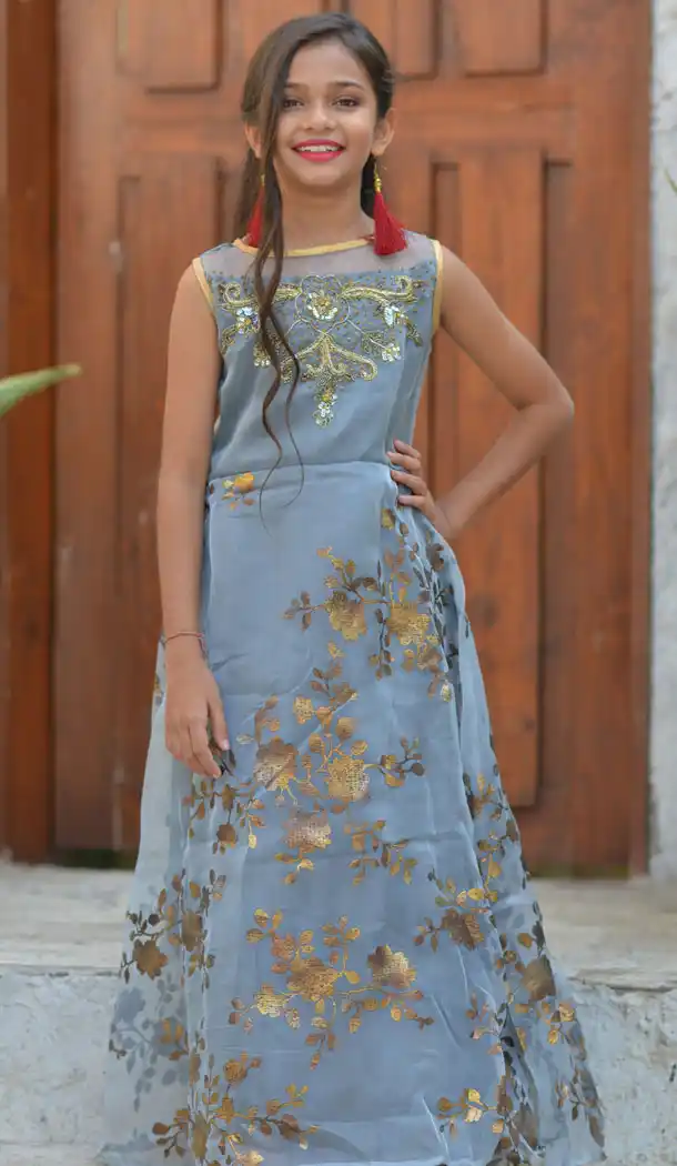 Grey Color Organza Party Wear Crop Top Readymade Kid Girl Gown - 466457462