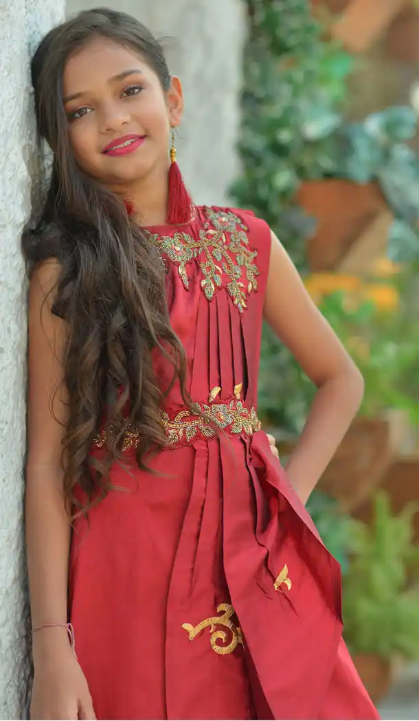 Maroon Color Silk Party Wear Crop Top Readymade Kid Girl Gown - 466457463