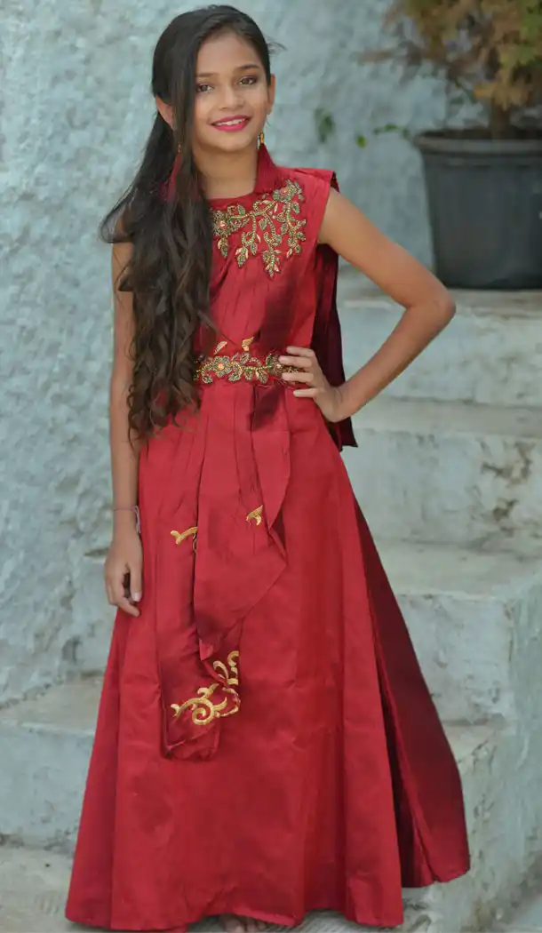 Maroon Color Silk Party Wear Crop Top Readymade Kid Girl Gown - 466457463