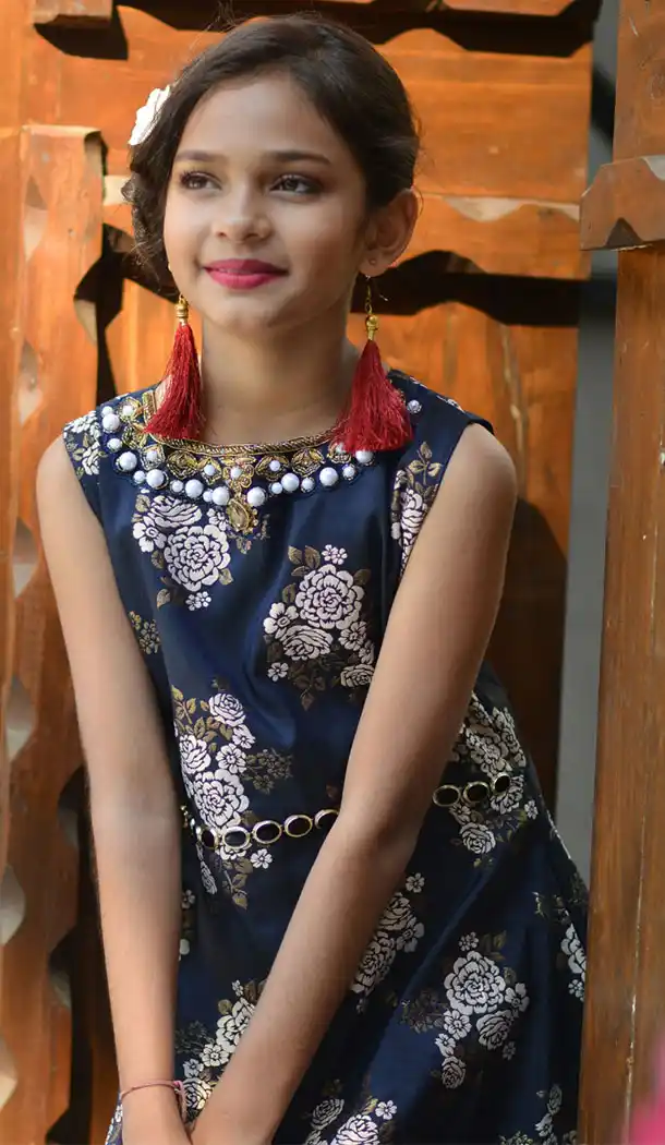 Navy Blue Color Jacquard Silk Party Wear Crop Top Readymade Kid Girl Gown - 468557666
