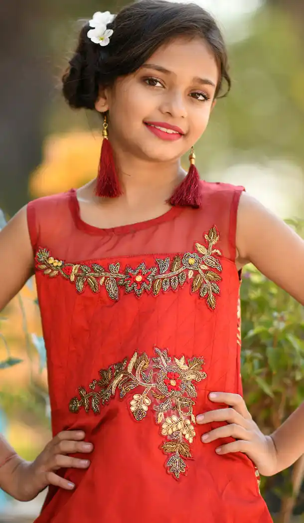 Red Color Tafetta Silk Party Wear Crop Top Readymade Kid Girl Gown - 468557669