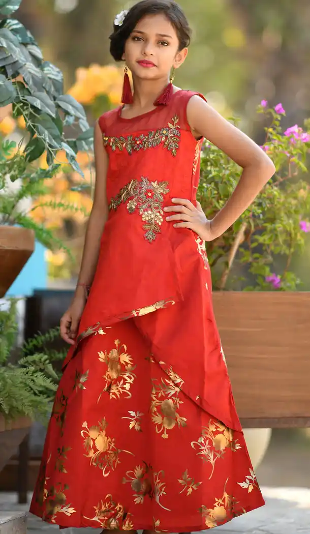 Red Color Tafetta Silk Party Wear Crop Top Readymade Kid Girl Gown - 468557669