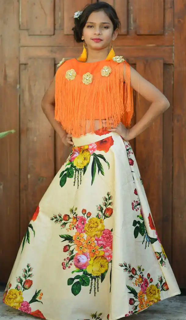 Orange Color Silk Party Wear Readymade Kid Girl Lehenga Choli - 468557672