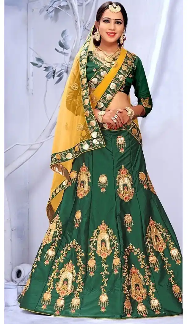 Green Color Satin Silk Designer Wear Plus Size Lehenga Choli - 464157180