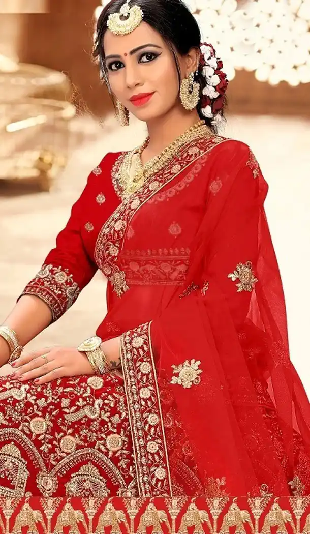Red Color Satin Silk Designer Wear Plus Size Lehenga Choli - 464157181