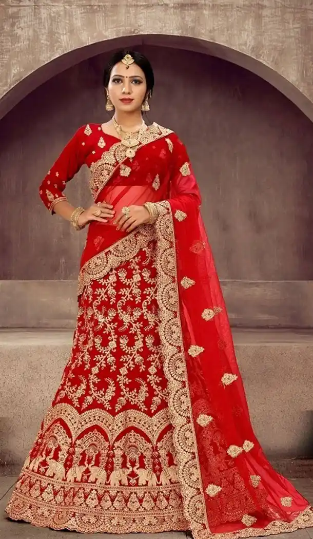 Red Color Satin Silk Designer Wear Plus Size Lehenga Choli - 464157185