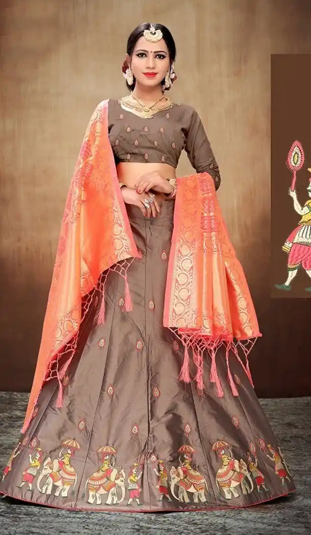 Tan Color Satin Silk Designer Wear Plus Size Lehenga Choli - 464157190