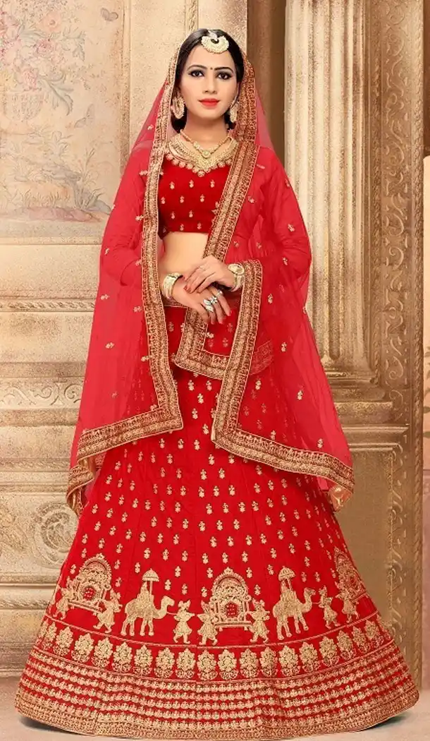 Red Color Satin Silk Designer Wear Plus Size Lehenga Choli - 464157191