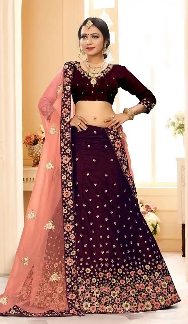 Wine Color Satin Silk Designer Wear Plus Size Lehenga Choli - 464157192