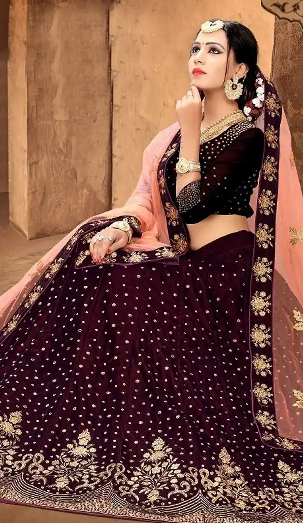 Wine Color Satin Silk Designer Wear Plus Size Lehenga Choli - 464157193