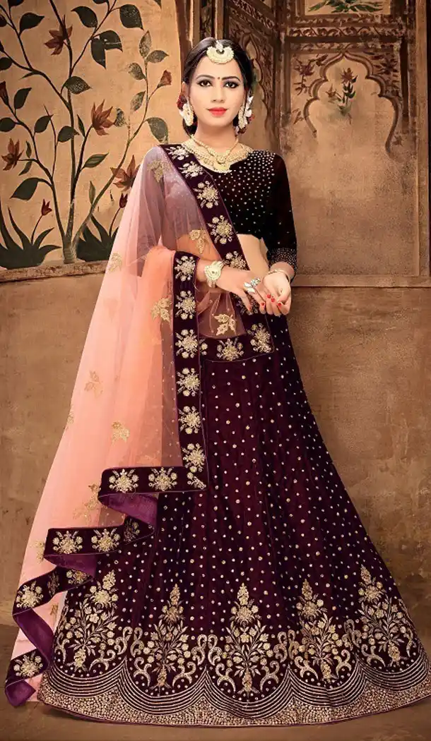 Wine Color Satin Silk Designer Wear Plus Size Lehenga Choli - 464157193