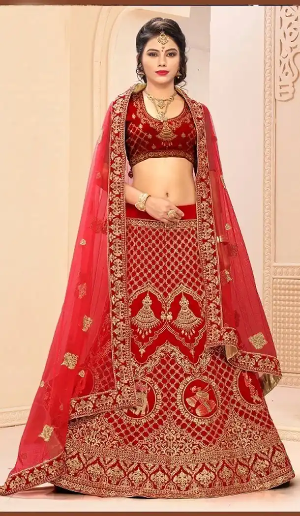 Red Color Satin Silk Designer Wear Plus Size Lehenga Choli - 464157195