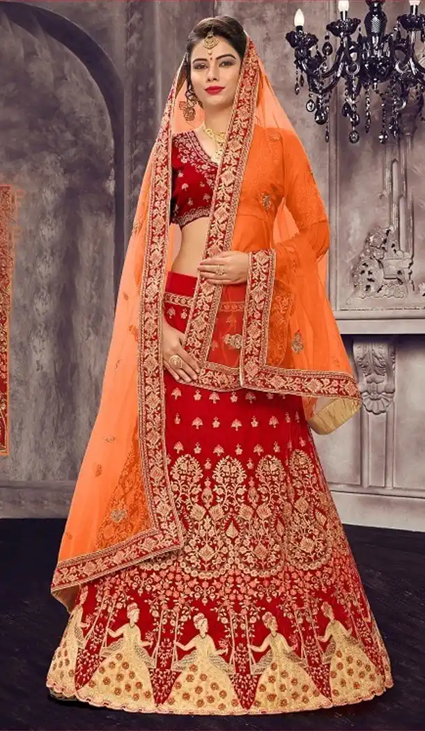 Red Color Satin Silk Designer Wear Plus Size Lehenga Choli - 464157196