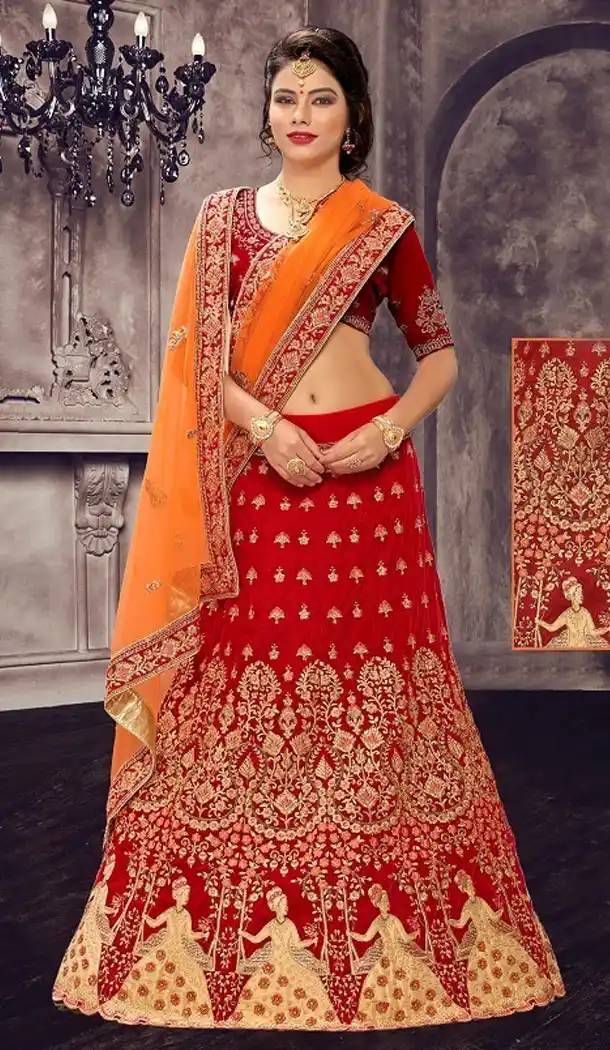 Red Color Satin Silk Designer Wear Plus Size Lehenga Choli - 464157196