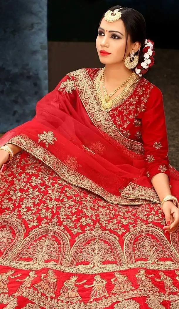 Red Color Satin Silk Designer Wear Plus Size Lehenga Choli - 464157197