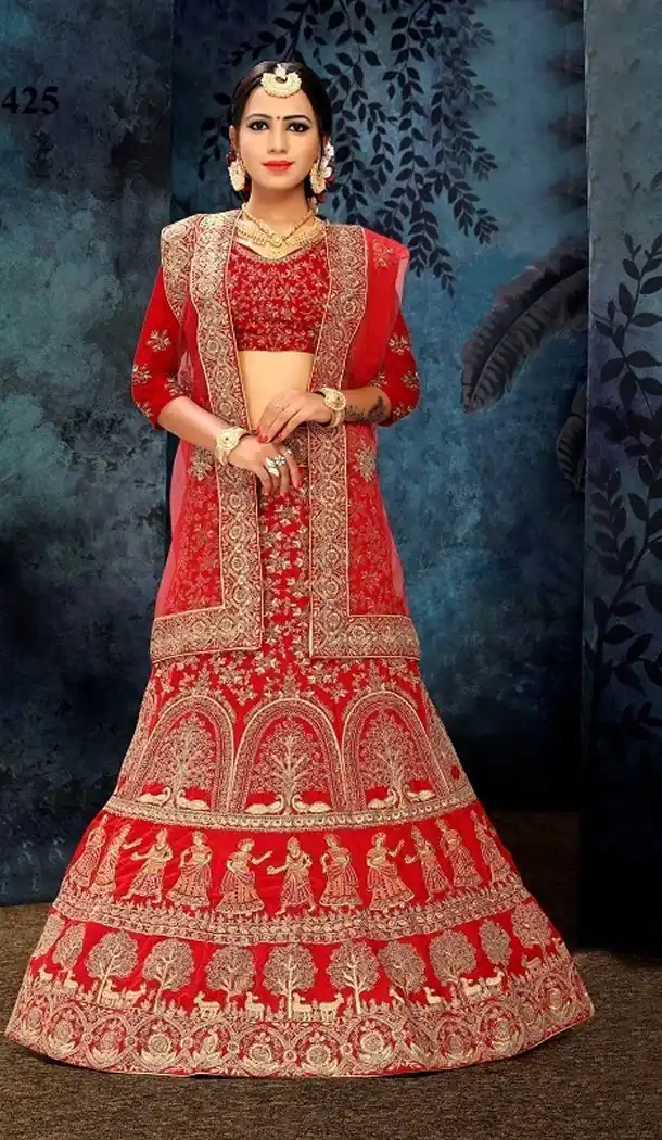 Red Color Satin Silk Designer Wear Plus Size Lehenga Choli - 464157197