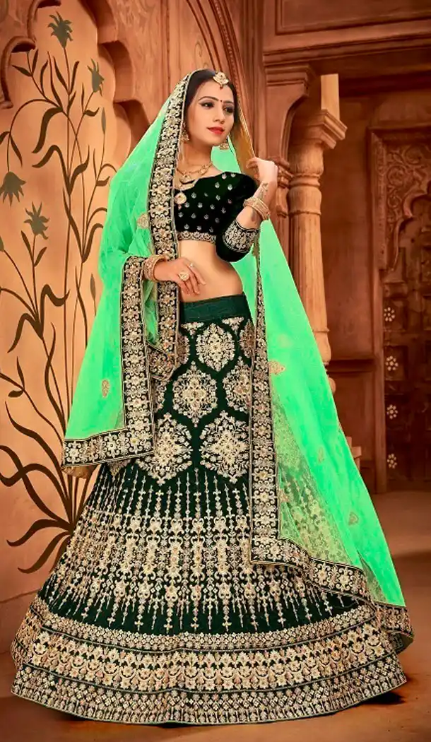Forest Green Color Satin Silk Designer Wear Plus Size Lehenga Choli - 464157198