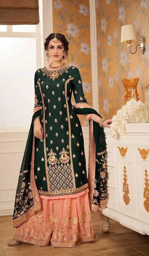 Dark Green Color Foux Georgette Eid Special Sharara Salwar Suit - 465657317