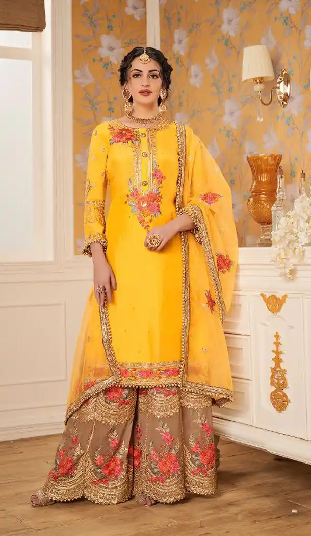 Yellow Color Foux Georgette Eid Special Sharara Salwar Suit - 465657318