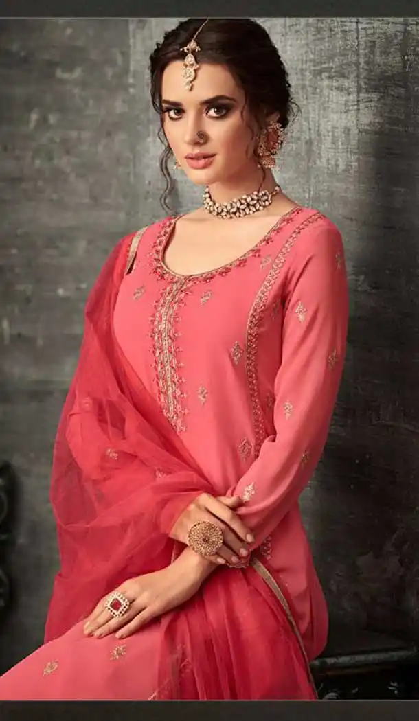 Peach Color Georgette Pakitani Palazzo Salwar Suit - 470857993