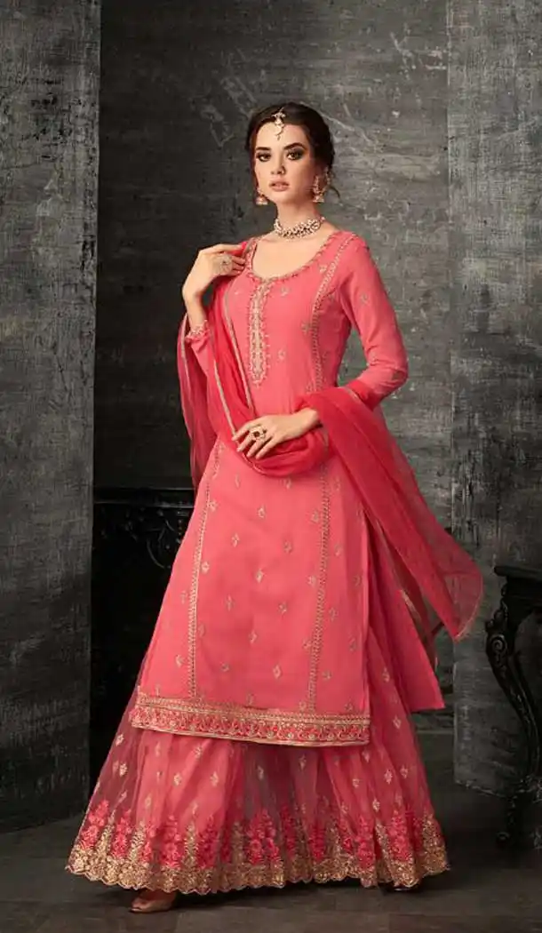 Peach Color Georgette Pakitani Palazzo Salwar Suit - 470857993