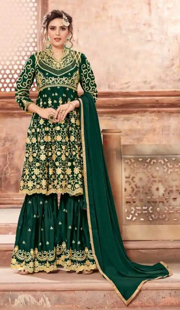 Green Color Satin Georgette Eid Special Pakitani Sharara Salwar Suit - 471558071