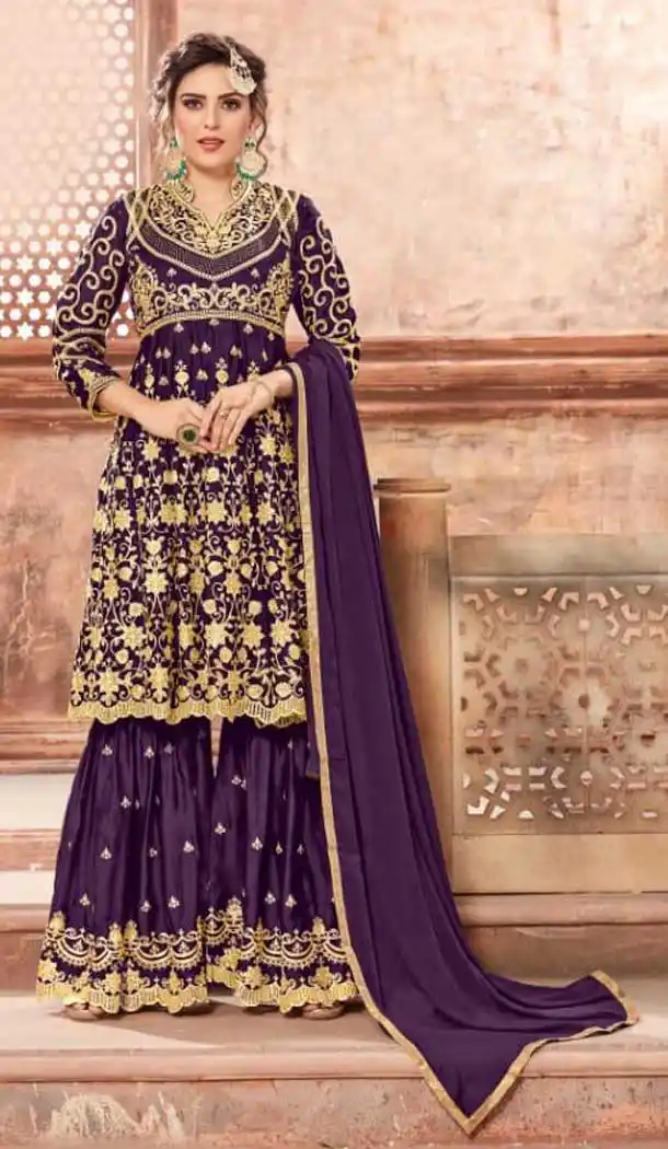 Violet Color Satin Georgette Eid Special Pakitani Sharara Salwar Suit - 471558072