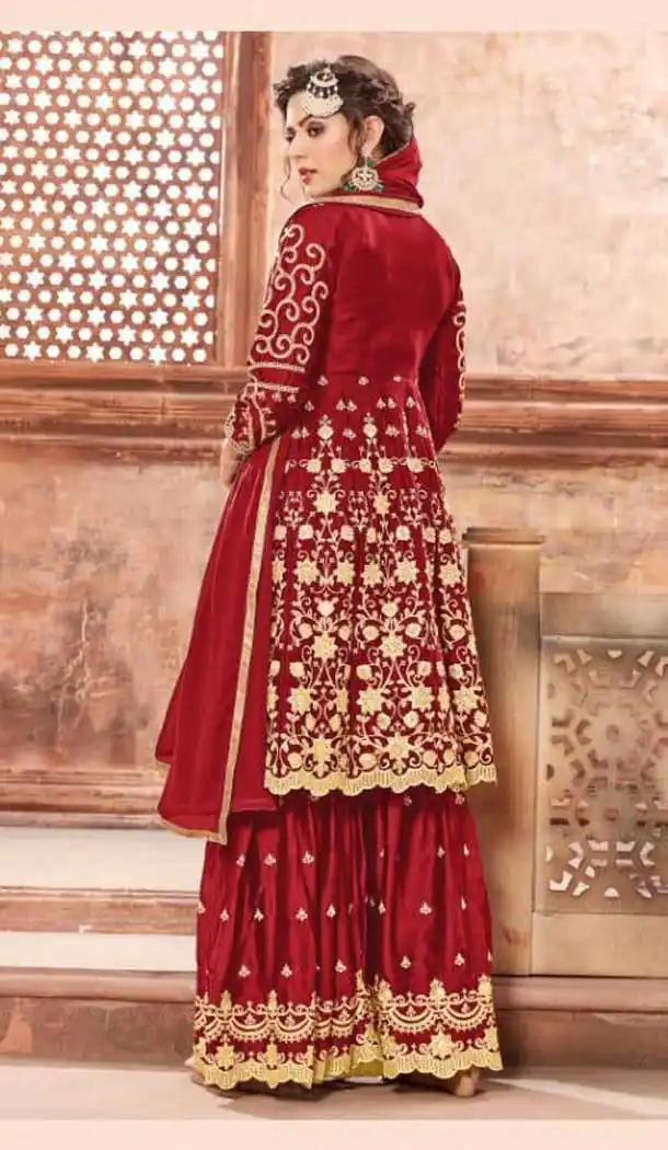 Red Color Satin Georgette Eid Special Pakitani Sharara Salwar Suit - 471558074