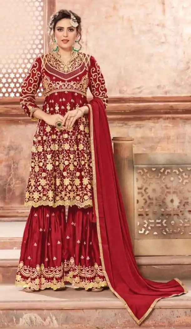 Red Color Satin Georgette Eid Special Pakitani Sharara Salwar Suit - 471558074